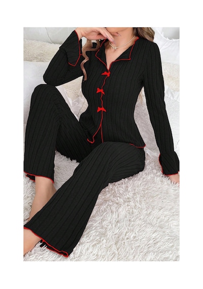 Fantezia Night Kadın Siyah Kırmızı Biyeli Ve Fiyonklu Uzun Kollu Mevsimlik Pijama Takımı