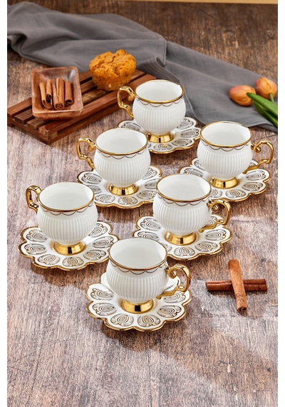 Cooker 220 Ml 6'lı Şık Tasarım Altın Yaldızlı Porselen Çay Fincan Takımı - Şık Kutulu Hediyelik Diğer