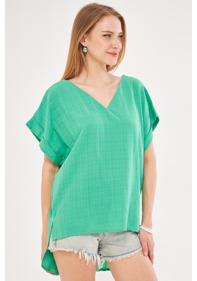 Armonika Kadın Açık Yeşil V Yaka Yanları Yırtmaçlı Arkası Uzun Duble Kol Detaylı Oversize Bluz Arm-24y001074
