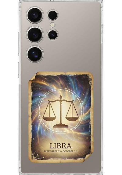 Samsung Galaxy S24 Ultra İle Uyumlu Burç Kartları Terazi Tasarımlı Şeffaf Silikon Kılıf Şeffaf