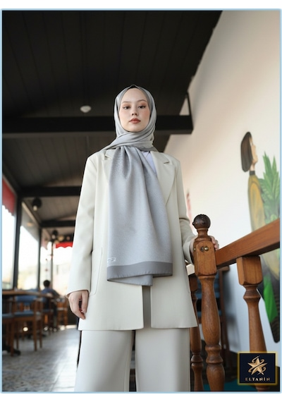 Premium Lux Original Monogram Şal İpek Vual, Yüksek Kalite, Hafif, Rahat, Şık, Tesettür, Shawl Açık Gri Gri Şeritli