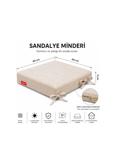 Comfort Plus Sandalye Koltuk Minderi 40x40 Bağcıklı Fermuarlı Yıkanabilir Balkon Bahçe Minderi 4 Lü Krem 4 Lü