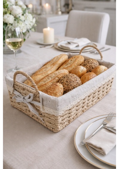 Bambu Ekmek Sepeti, 31x20x10 Cm, Dantelli Çiçek Desenli Kumaş, Metal Çerçeve Kahverengi