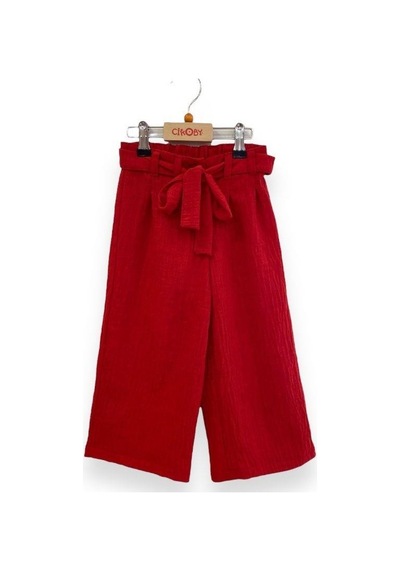 Çikoby Kız Çocuk Dokuma Bol Paça Pantolon-13767-kırmızı Kırmızı