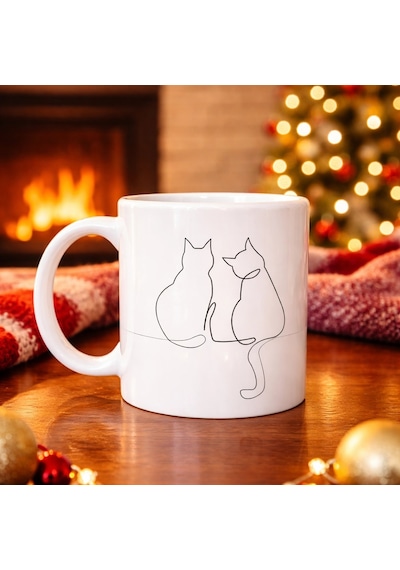 Minimal Çizim İki Kedi Desenli Porselen Kupa Model 77 Sevgi Temalı Şık Tasarım, Kahve & Çay Kupası Çok Renkli