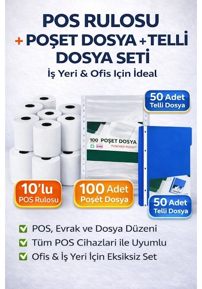 Ofis Seti Pos Rulosu 56x16 10 Lu + Poşet Dosya A4 100 Lü + Telli Dosya A4 50 Li 3 Adet