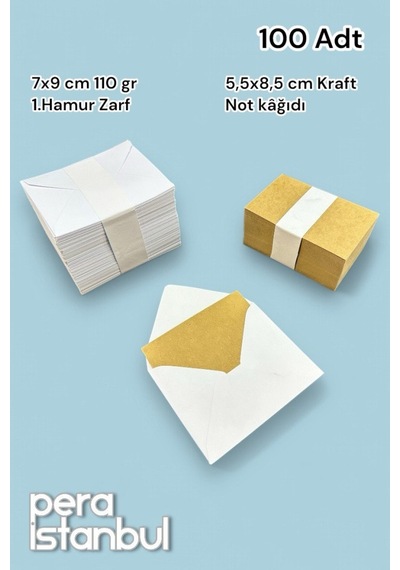 Pera İstanbul 100 Adet Mini Zarf 70mmx90mm Beyaz Zarf Hediye Doğum Günü Dilekleri Zarfı Kraft Not Kartlı
