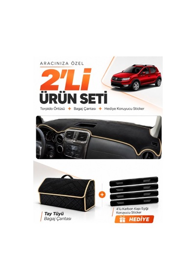 E-biz Dacıa Sandero Stepway 2015-2021 Uyumlu Torpido Örtüsü + Tay Tüyü Çanta - Siyah-bej - Da004