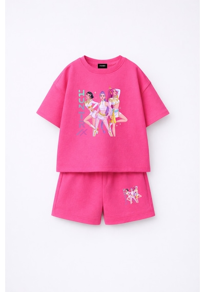 Fasardi Kpop Demon Hunters Huntrix Zoey Rumi Mira Baskılı Oversize %100 Pamuk Tişört Şort Çocuk Takım Fuşya
