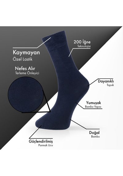 Saf Bambu Erkek Soket Uzun Düz Lacivert Çorap Dikişsiz Premium Kutulu 6'lı L5952aznb Softaura