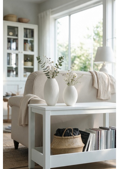 2'li Minimalist Vazo Set - Modern Salon Dekoru, Hediyelik - Hindistan Cevizi Dokulu - Beyaz
