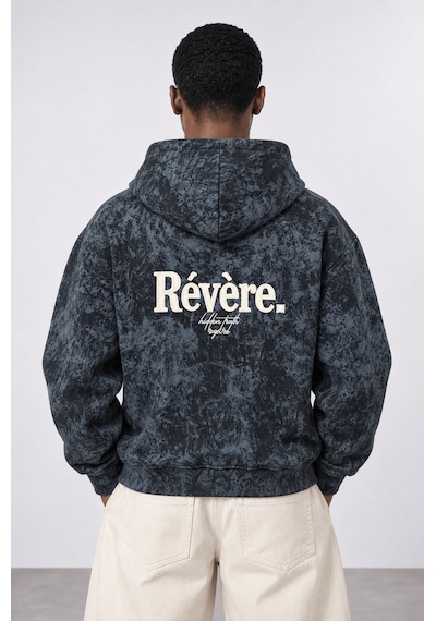 Respire Erkek Revere Nakışlı Yıkamalı Oversize Hoodie Siyah