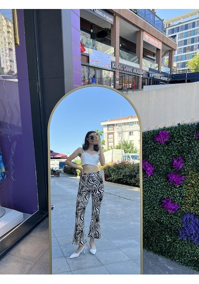 Zebra Desen Yüksek Bel Rahat Pantolon - Zebra Desen -136 Beyaz