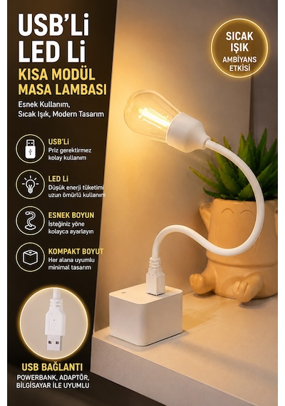 Esnek Usb'li Led Gece Lambası Çalışma Okuma Masa Lambası Powerbank Uyumlu Taşınabilir Ultra Hafif Beyaz