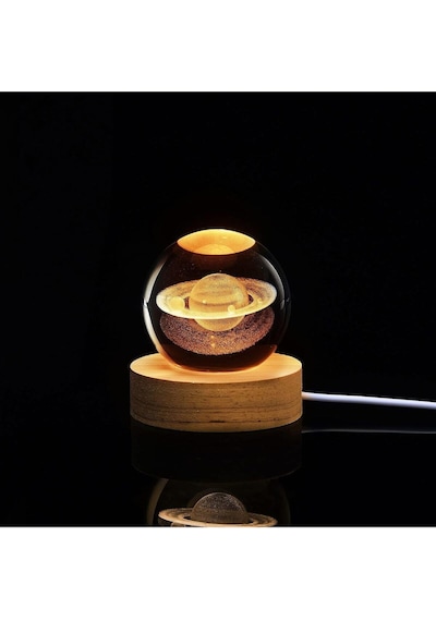 3d Satürn Kristal Küre Lamba Usb Li Gün Işığı Led Işıklı Ahşap Standlı Dekoratif Masa Lambası
