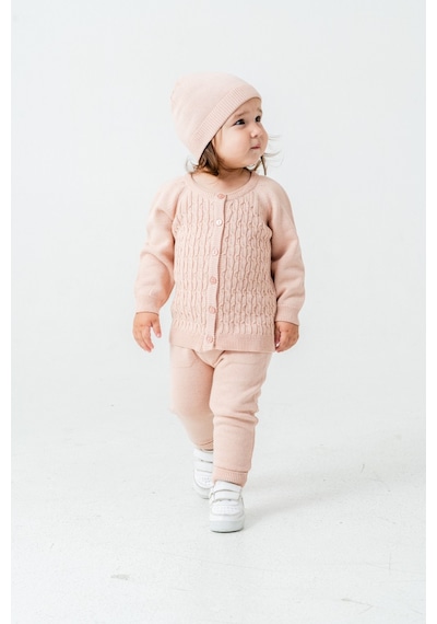 Babyhola Unisex Triko Saç Örgülü Alt Üst Bere 3'lü Takım 22108 Pembe