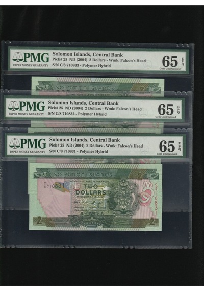 3 Adet Solomon İslands Adaları 2 Dollars Seri Takipli Polymer Hybrid Pmg 65 Epq Gem Unc Çil P25 Nd