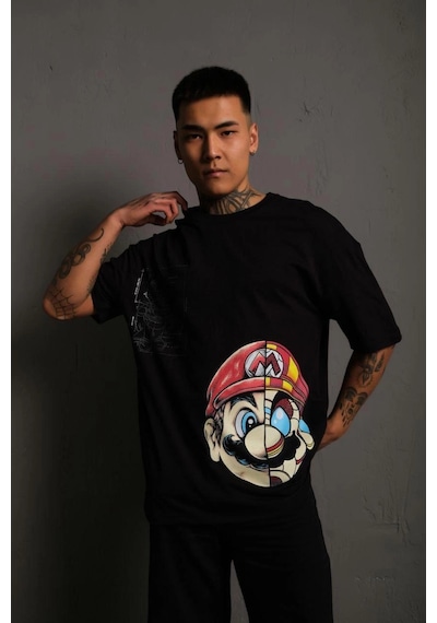 Assema Erkek Mario Baskılı T-shirt Oversize Kısa Kol Bisiklet Yaka Tişort - Siyah Çok Renkli