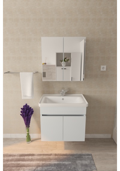 Tokyo 65 Cm Banyo Dolabı Takımı Aynalı Mdf Gövde Seramik Lavabolu