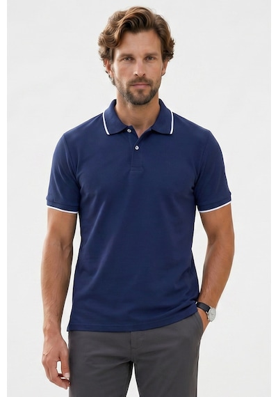 Tudors Erkek Regular Fit Klasik Kesim %100 Pamuk Kısa Kollu Çizgi Detaylı Lacivert Polo Yaka Tişört-50851