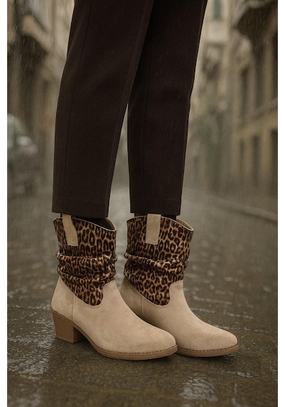 Kalın Topuklu Cilt/süet Kadın Bot & Bootie Leopar