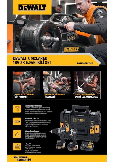 Dewalt Mclaren DCK200MP2T Kömürsüz 18V 5 Ah 2 Li Akülülü Matkap Set