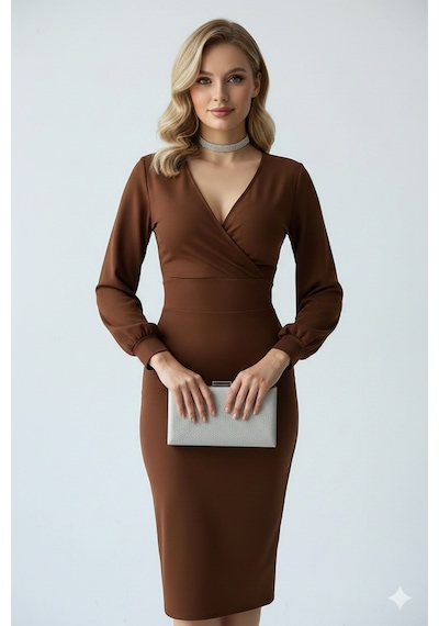 Defymoda Kadın Klasik Kesim Manşetli Elbise Kahverengi