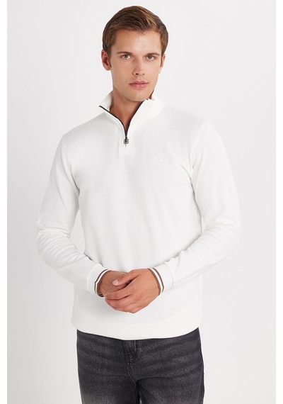 Tudors Erkek Slim Fit Dar Kesim Pamuklu Yarım Fermuarlı Dik Yaka Beyaz Sweatshirt-35784 Beyaz