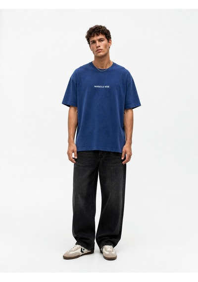 Respire Erkek Marseille Baskılı Yıkamalı Oversize T-shirt Lacivert