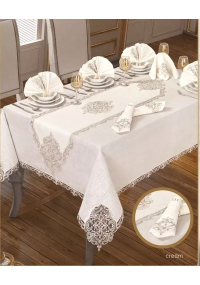 26 Parça Elegant Linen Krem-gold 12 Kişilik Supla Runner Çeyizlik Zarif Masa Takımı