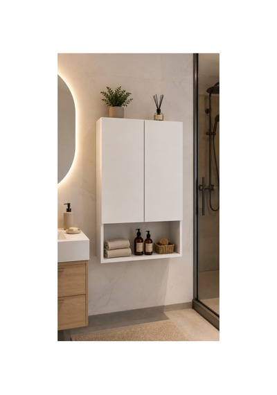 Line Banyo Dolabı 60 Cm Çift Kapaklı 3 Raflı Duvar Tipi Banyo Dolabı Beyaz Beyaz