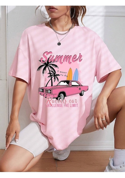 Flood Of Style Kadın Pembe Summer Racing Car Baskılı Oversize T-shirt