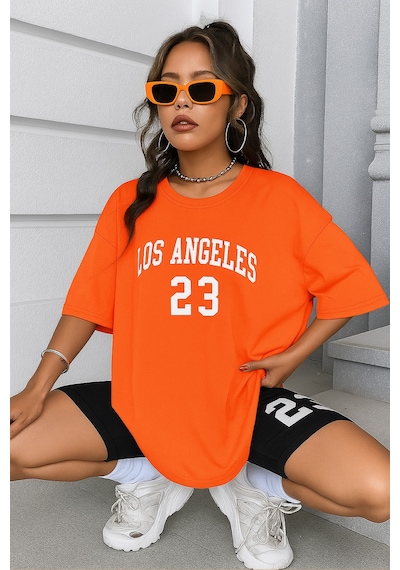 Los Angeles Baskılı Oversize Unisex Tişört Turuncu