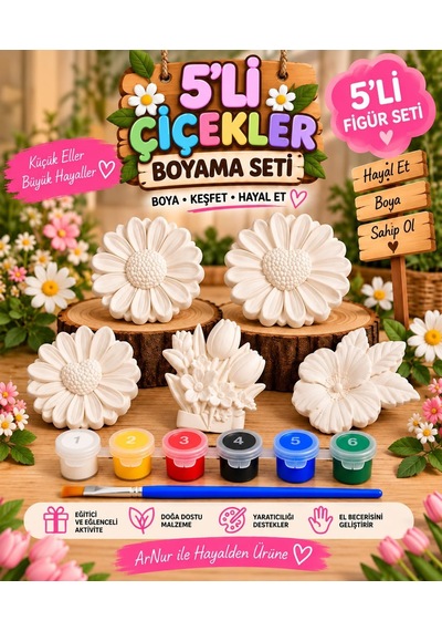 5'li Çiçek Boyama Seti Taş Figür Boyama Kiti 6 Renk Boya Fırça Boyama Rehberi Hobi Seti
