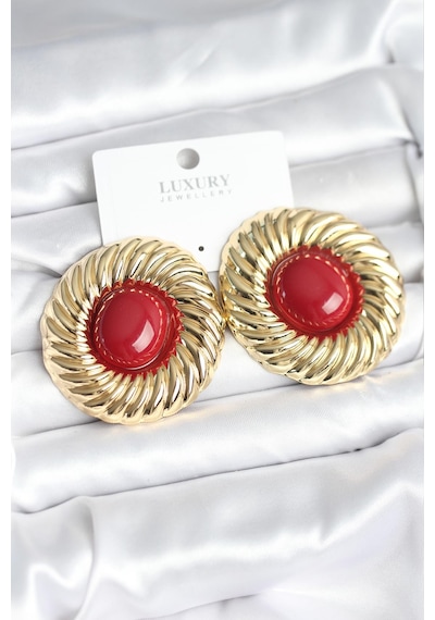 Pirinç Gold Renk Bordo Boncuklu Vintage Kadın Küpe Çok Renkli