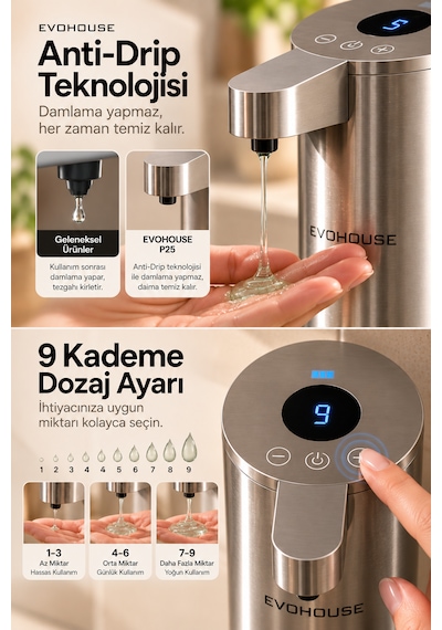 Otomatik Sensörlü Sıvı Sabun Dispenseri Paslanmaz Çelik Inox - P25 Model Gümüş