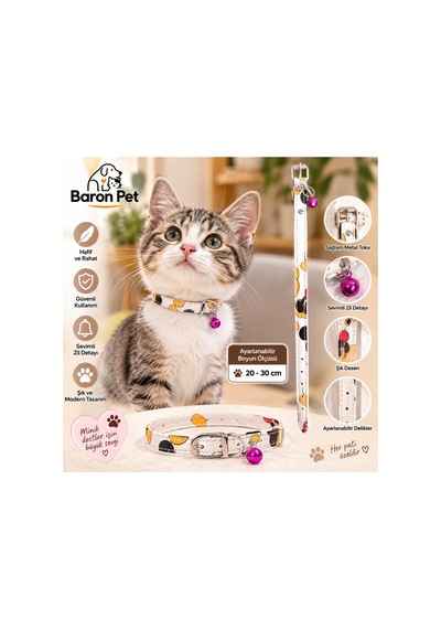 Kedi Tasması 20-30 Cm Beyaz Kedi Desenli Zilli Ayarlanabilir Suni Deri Kedi Boyun Tasması