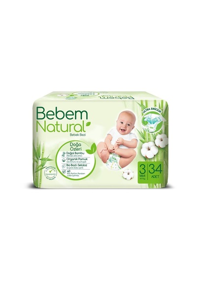 Bebem Natural Bebek Bezi 3 Numara Midi 34 Adet