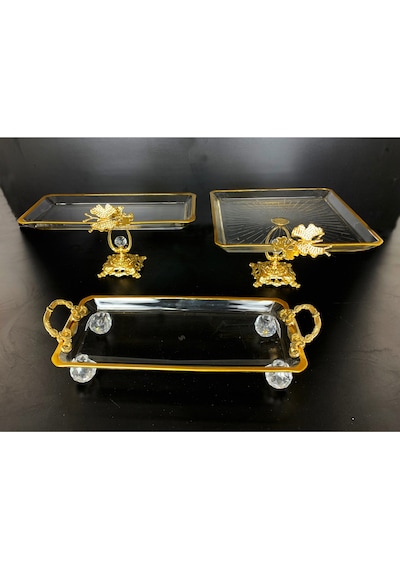 Elta Collection 3 Parca Gold Yaldızlı Kristal Ayaklı Sunumluk Altın