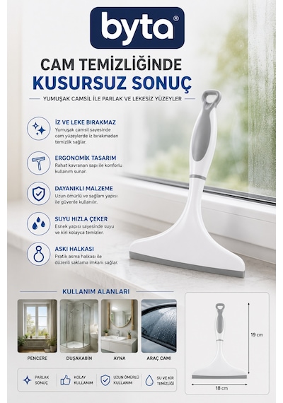 Cam Sileceği Camsil Ergonomik Saplı İz Bırakmayan Cam Temizleme Aparatı Duşakabin, Ayna Ve Cam İçin