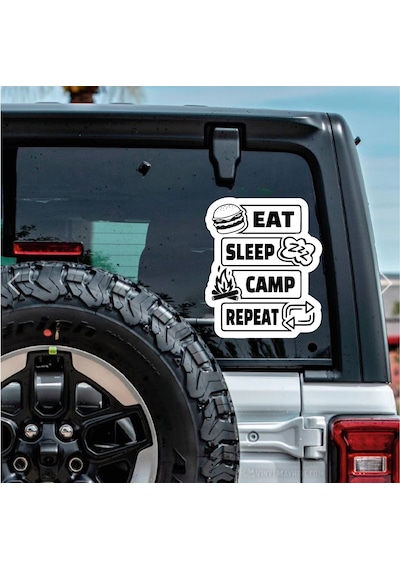 Eat Sleep Camp Repeat Sticker - Araba Oto Motosiklet Karavan 4x4 Off Road Sticker - 00209 10X8 Cm
