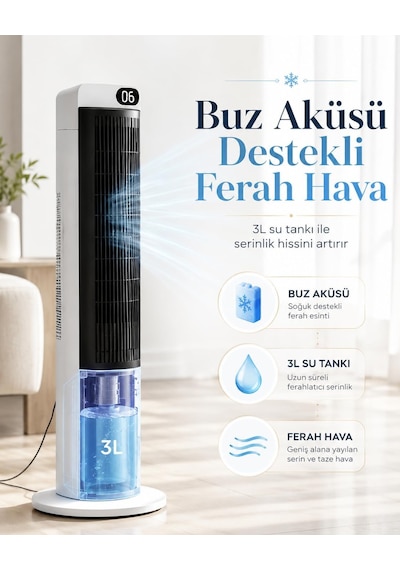 70w Buz Akülü Kule Tipi Vantilatör / Uzaktan Kumandalı / 3l Su Hazneli / 24 Saat Zaman Ayarlı Fan