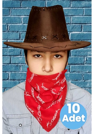 Uniquetrenders Çocuk Unisex Bandanalı 10'lu Nubuk Kovboy Şapkası 8-14 Yaş Kahverengi 5