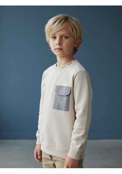 Zekids Erkek Çocuk Cep Detaylı Pamuklu İnce Sweatshirt-16650 Bej