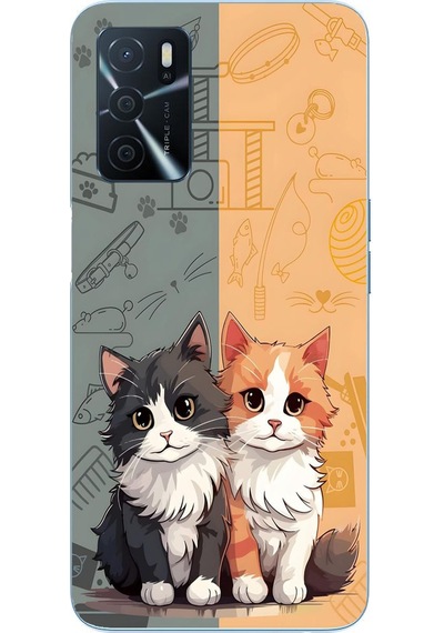 Oppo A16 Uyumlu Sarı Ve Siyah Kedi Baskılı Silikon Kılıf Renkli