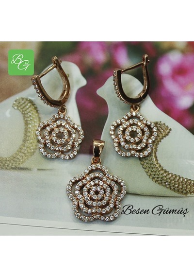 Çiçek Figürlü Taşlı Set Rose Gold - Gümüş