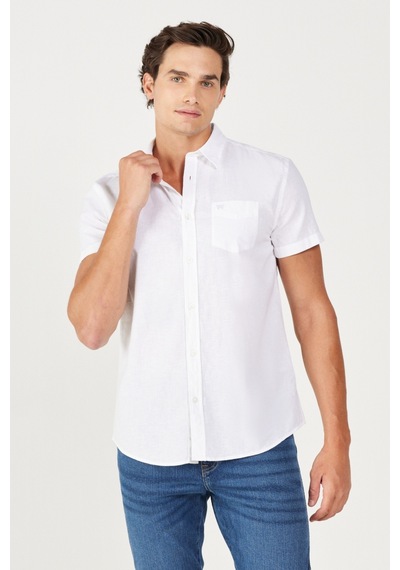 Wrangler Regular Fit Normal Kesim Kısa Kollu Düğmeli Yaka Keten Gömlek W5J7100 Beyaz