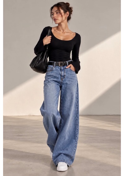 Bbbutikbasic Kadın U Yaka İspanyol Kol Uzun Kollu Slim Fit Bluz My3535 Siyah