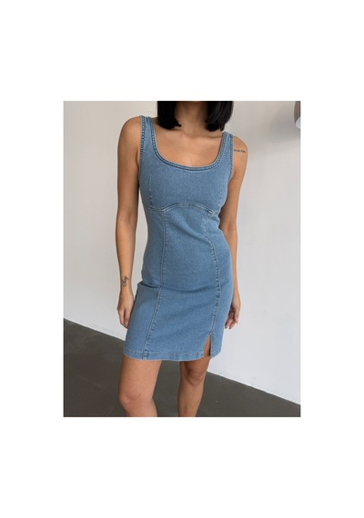 Meecy Denim Likralı Tasarım Kot Elbise Mavi Mavi