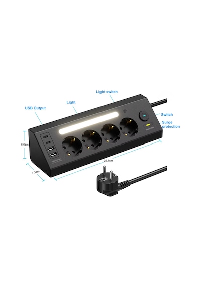 Çoklu Gece Lambalı Priz Yüksek Gerilim Korumalı 4'lü Priz 2xusb 2xtype-c Çıkışlı Grup Priz Çoğaltıcı 2 M